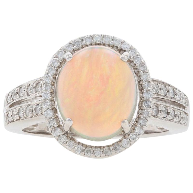 Opal and Diamond Halo Ring, 14 Karat White Gold Cabochon Cut 1.46 Carat ...