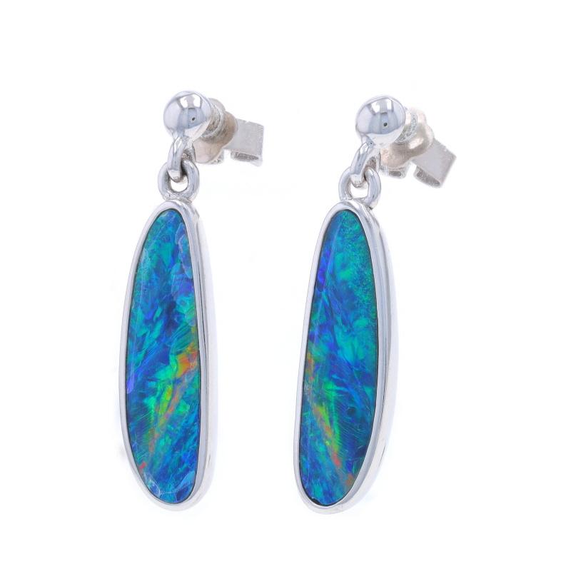 Oval Cut White Gold Opal Dangle Earrings - 14k Doublet Pierced For Sale