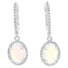White Gold Opal 
Diamond Halo Dangle Hoop Earrings 14k Cabochon 1.23ctw Pierced