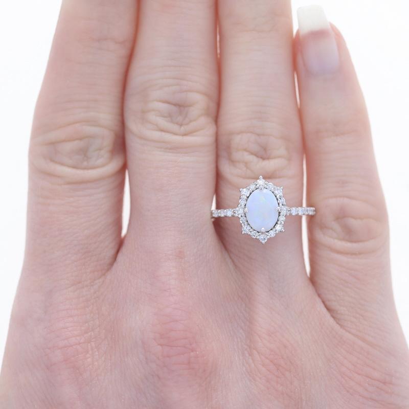 Oval Cut White Gold Opal & Diamond Halo Ring - 14k Oval Cabochon 1.28ctw Stackable For Sale