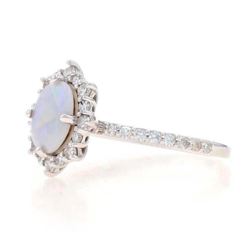 White Gold Opal & Diamond Halo Ring - 14k Oval Cabochon 1.28ctw Stackable In New Condition For Sale In Greensboro, NC