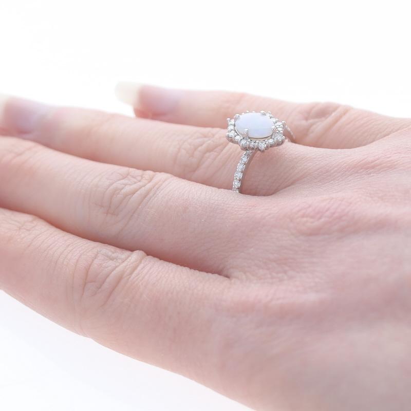 Women's White Gold Opal & Diamond Halo Ring - 14k Oval Cabochon 1.28ctw Stackable For Sale