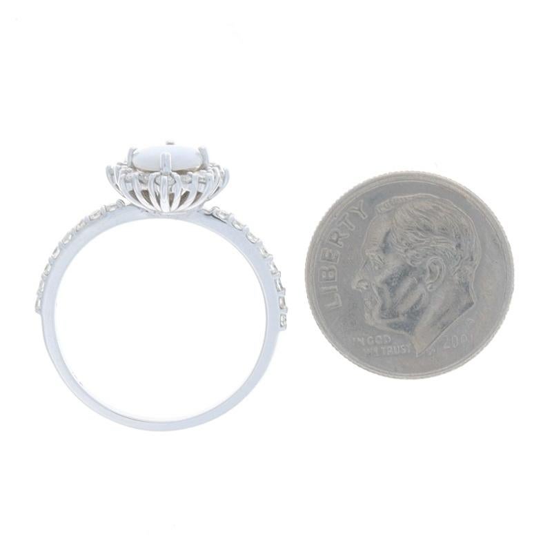 White Gold Opal & Diamond Halo Ring - 14k Oval Cabochon 1.28ctw Stackable For Sale 1
