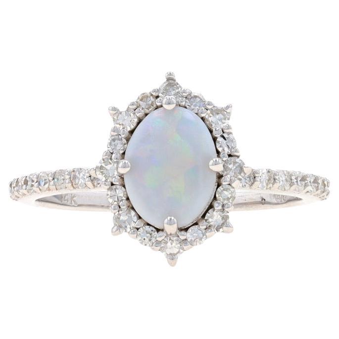 White Gold Opal & Diamond Halo Ring - 14k Oval Cabochon 1.28ctw Stackable