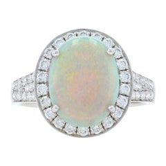 White Gold Opal & Diamond Halo Ring, 14k Oval Cabochon 4.10ctw