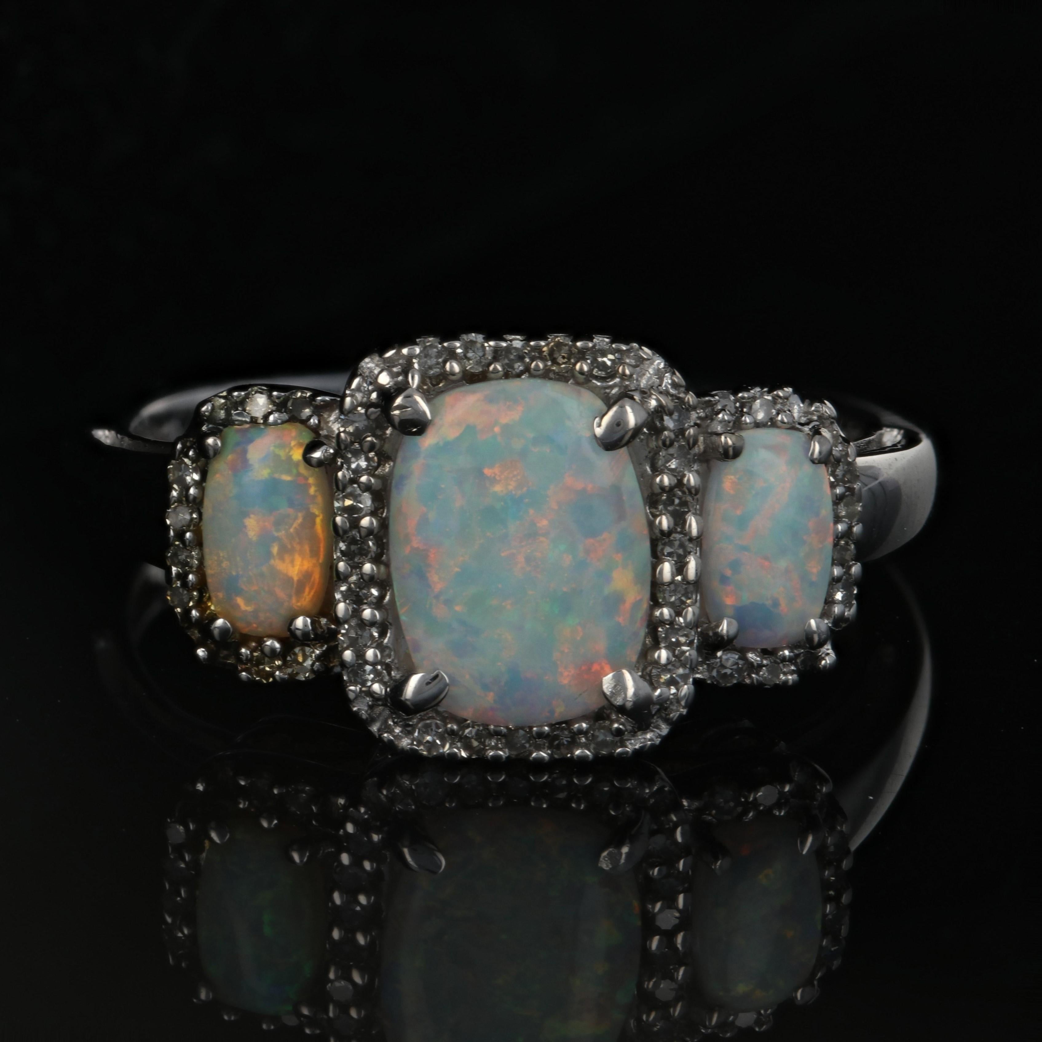 White Gold Opal & Diamond Halo Ring, 14k Oval Cabochon Cut 1.10ctw 2