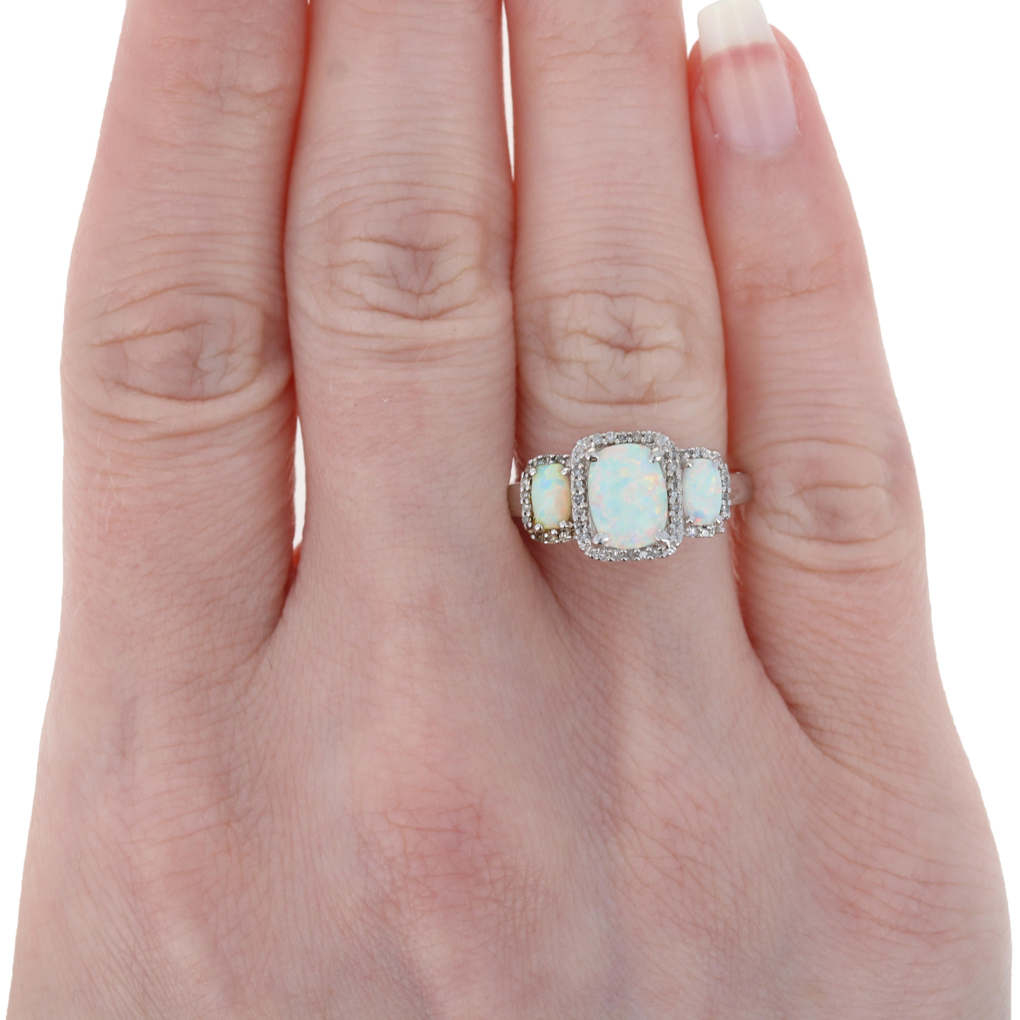 White Gold Opal & Diamond Halo Ring, 14k Oval Cabochon Cut 1.10ctw 4