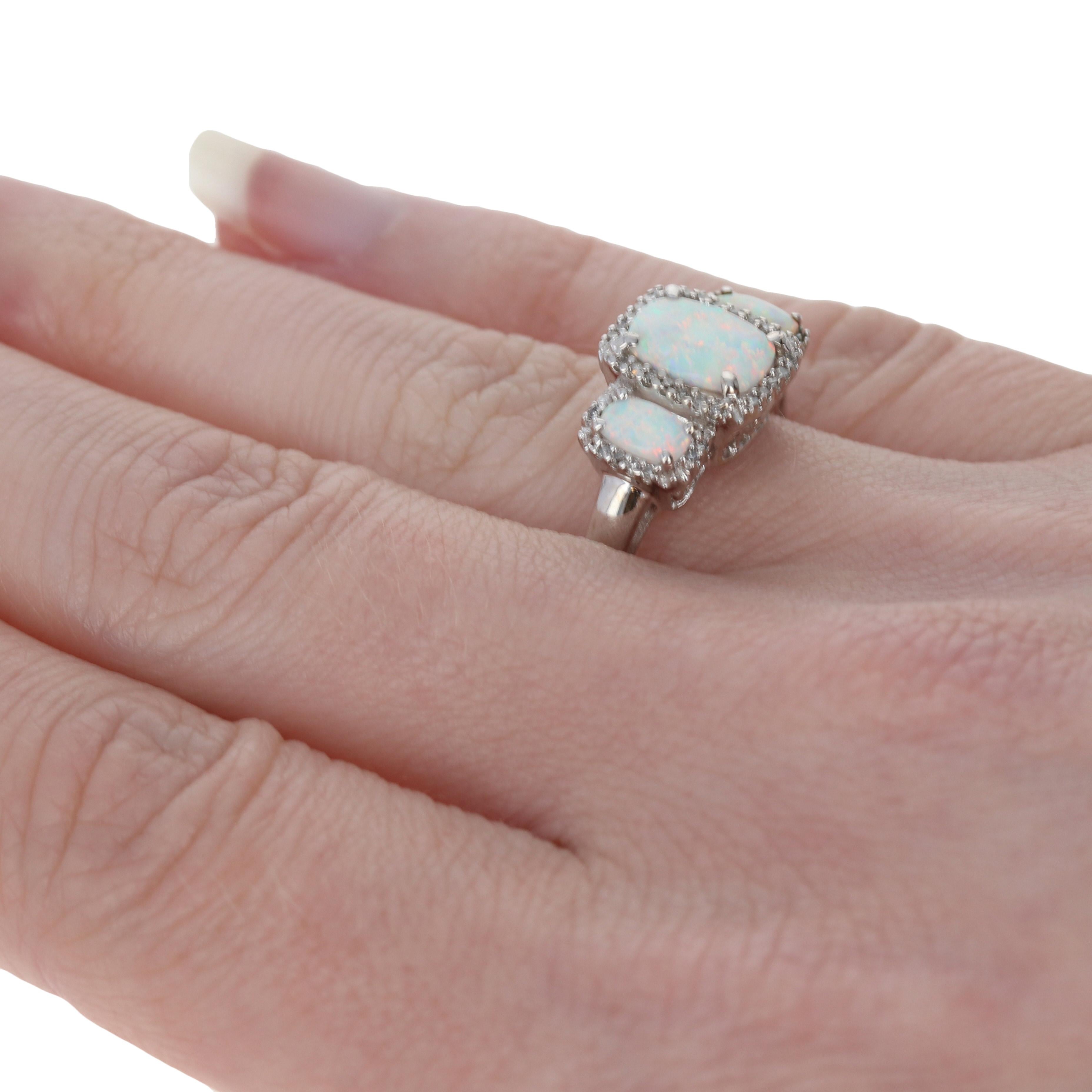 White Gold Opal & Diamond Halo Ring, 14k Oval Cabochon Cut 1.10ctw 5
