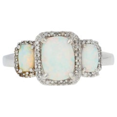 White Gold Opal & Diamond Halo Ring, 14k Oval Cabochon Cut 1.10ctw
