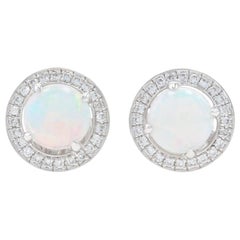 White Gold Opal & Diamond Halo Stud Earrings, 14k Round Cabochon .60ctw Pierced
