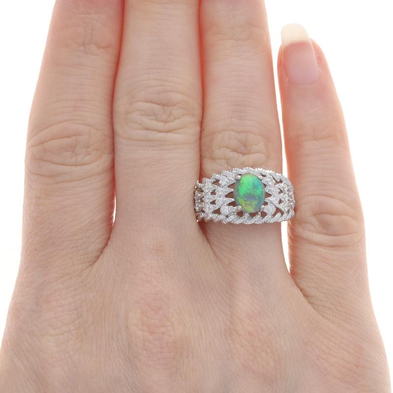 Oval Cut White Gold Opal Diamond Ring - 14k Oval Cabochon 1.08ctw Rope For Sale