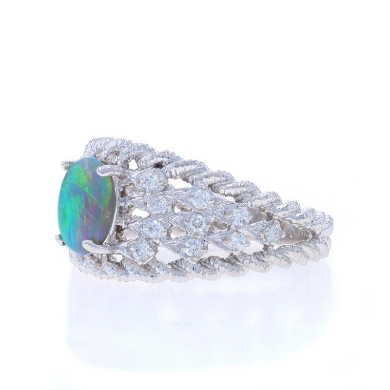 White Gold Opal Diamond Ring - 14k Oval Cabochon 1.08ctw Rope In Excellent Condition For Sale In Greensboro, NC