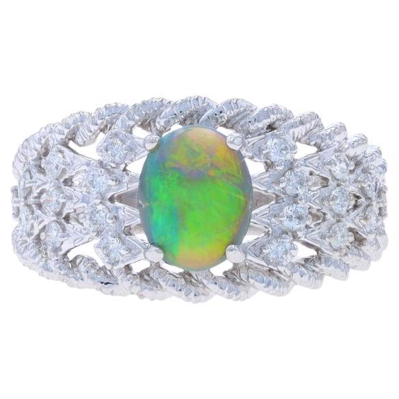 White Gold Opal Diamond Ring - 14k Oval Cabochon 1.08ctw Rope