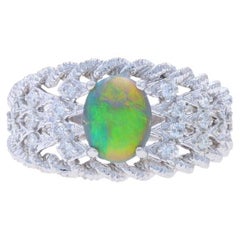 Anillo Oro Blanco Diamante Ópalo - 14k Cabujón Ovalado 1.08ctw Cuerda