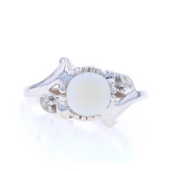White Gold Opal Diamond Vintage Bypass Ring - 10k Round Cabochon .82ct