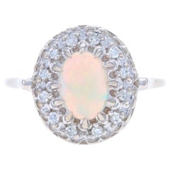 Anello aureola vintage in oro bianco con diamante opale - 14k Cabochon ovale 1,08ctw