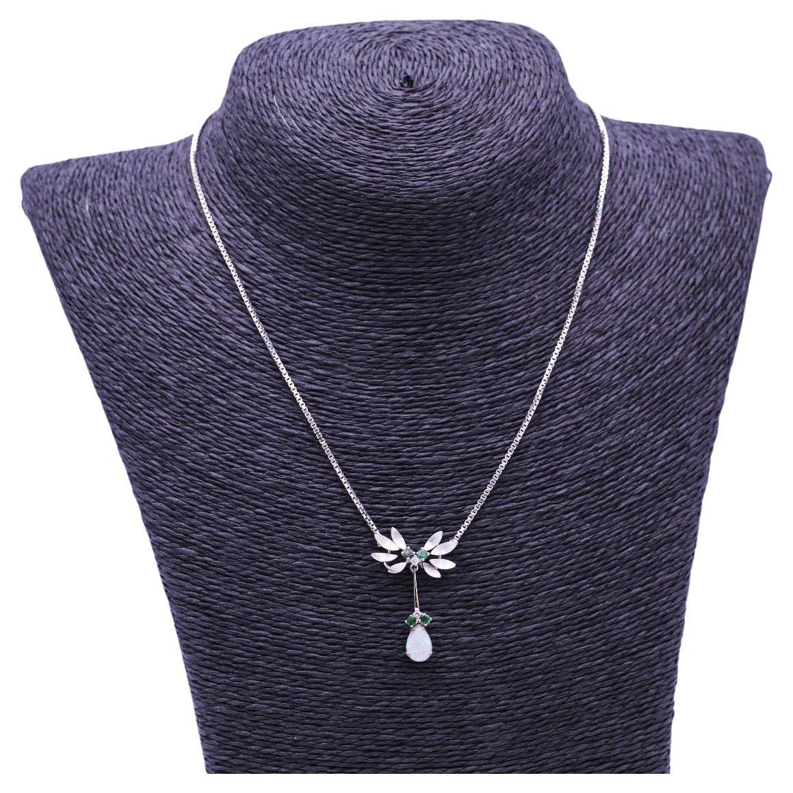 White Gold, Opal, Diamonds and Emerald Necklace.