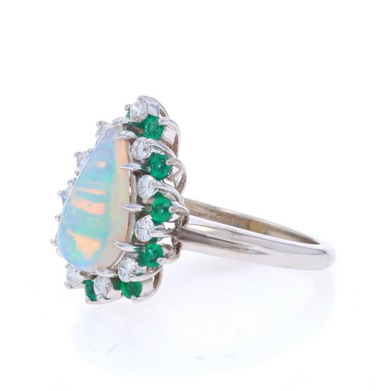 White Gold Opal, Emerald, & Diamond Halo Ring - 14k Pear Cabochon 2.70ctw In Excellent Condition For Sale In Greensboro, NC