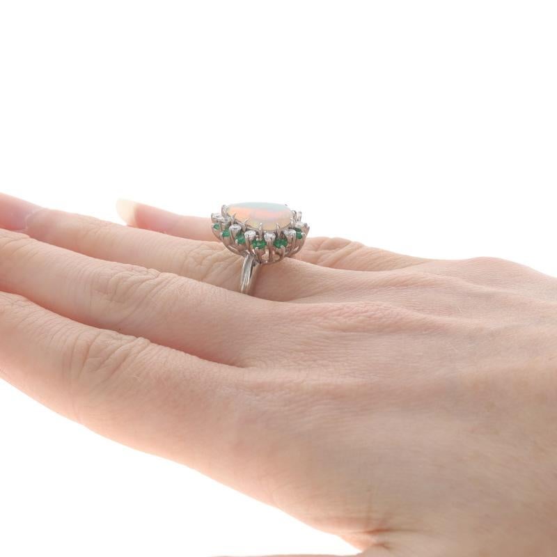 Women's White Gold Opal, Emerald, & Diamond Halo Ring - 14k Pear Cabochon 2.70ctw For Sale