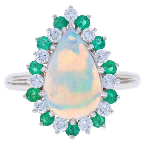 White Gold Opal, Emerald, & Diamond Halo Ring - 14k Pear Cabochon 2.70ctw For Sale