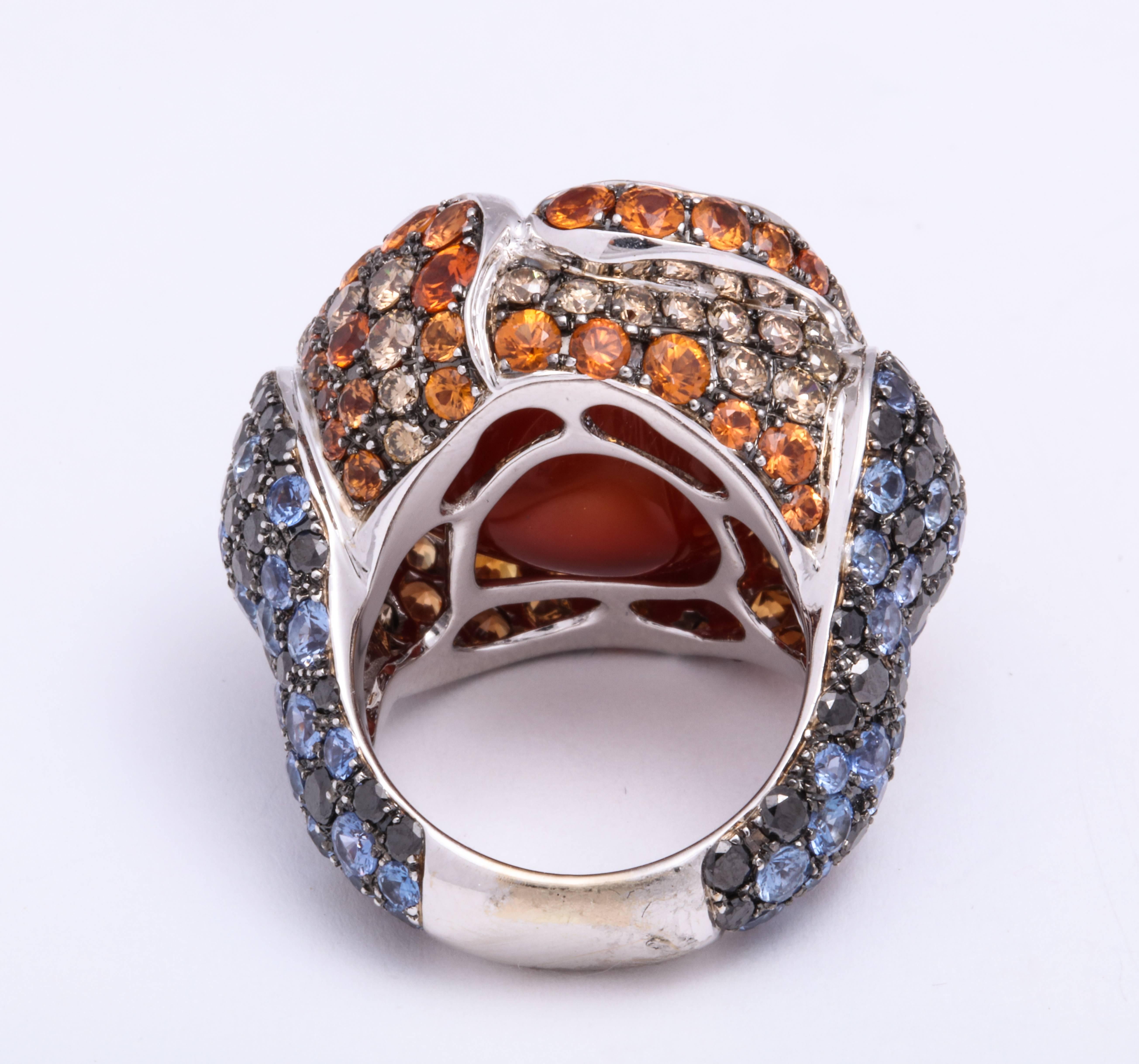 Women's White Gold Opal, Multi-Color Sapphire and Diamond Cocktail Ring For Sale