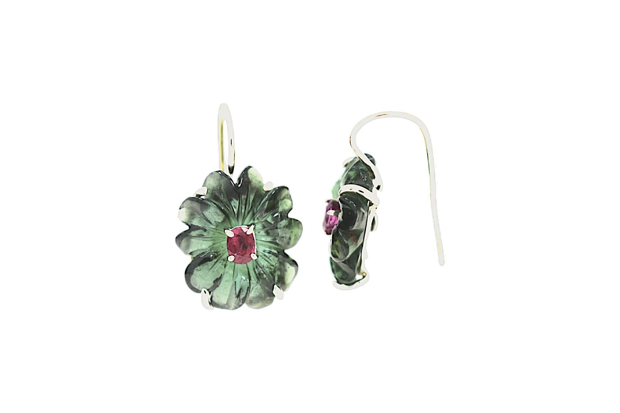 Contemporary White Gold Open Wire Earrings Green Flower Cut Tourmaline Red Oval Cut Rubies For Sale