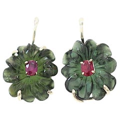 White Gold Open Wire Earrings Green Flower Cut Tourmaline Red Oval Cut Rubies