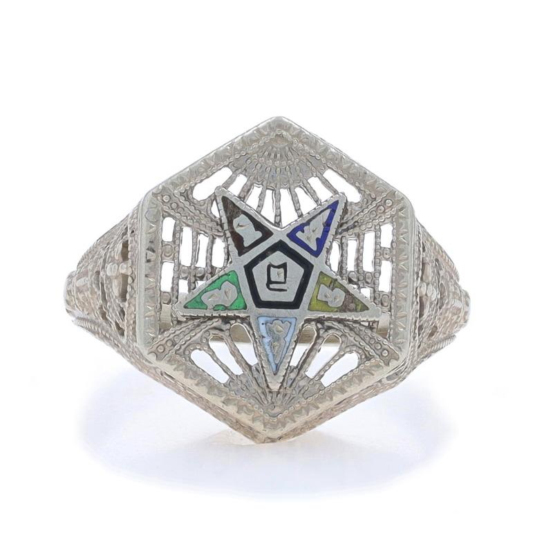 Size: 3 1/2
Sizing Fee: Up 2 sizes for $40

Organization: Order of the Eastern Star

Metal Content: 14k White Gold

Theme: Masonic
Features: Etched and Milgrain Detailing

Measurements

Face Height (north to south): 17/32