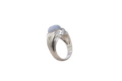 White Gold Oval Blue Star Sapphire and Diamond Brushed Signet Ring