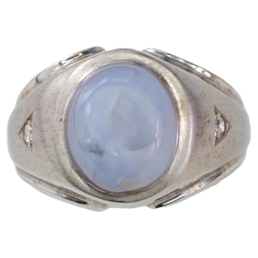 White Gold Oval Blue Star Sapphire and Diamond Brushed Signet Ring For Sale
