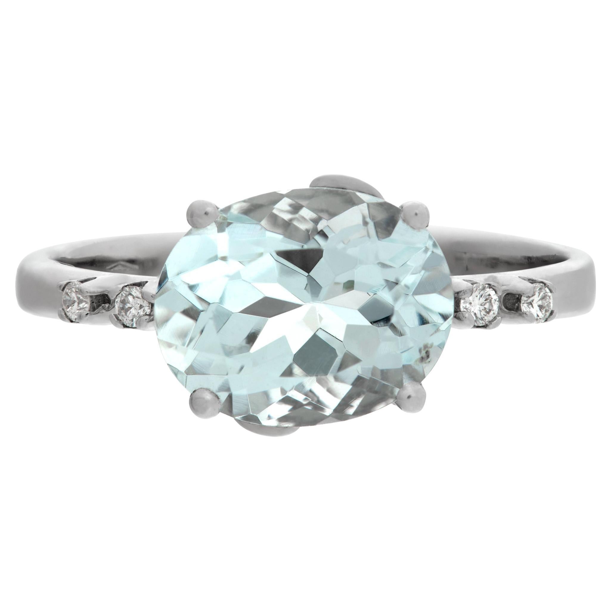 White Gold oval cut Aquamarine ring with diamonds accents