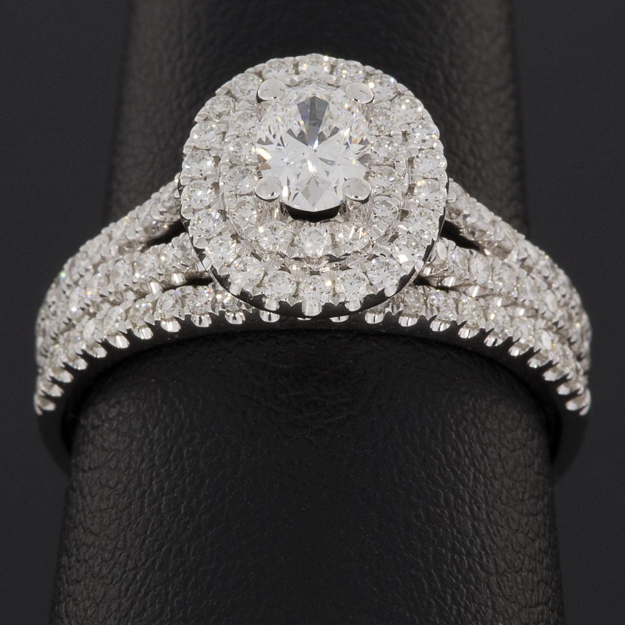 White Gold Oval Diamond Double Halo Engagement Ring Wedding Set In New Condition In Columbia, MO