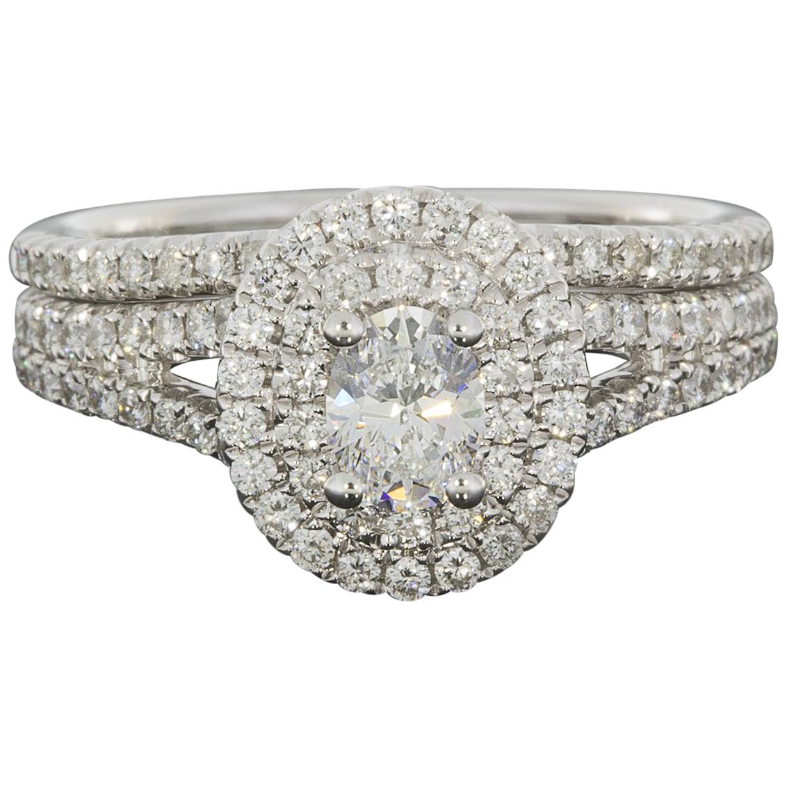 White Gold Oval Diamond Double Halo Engagement Ring Wedding Set