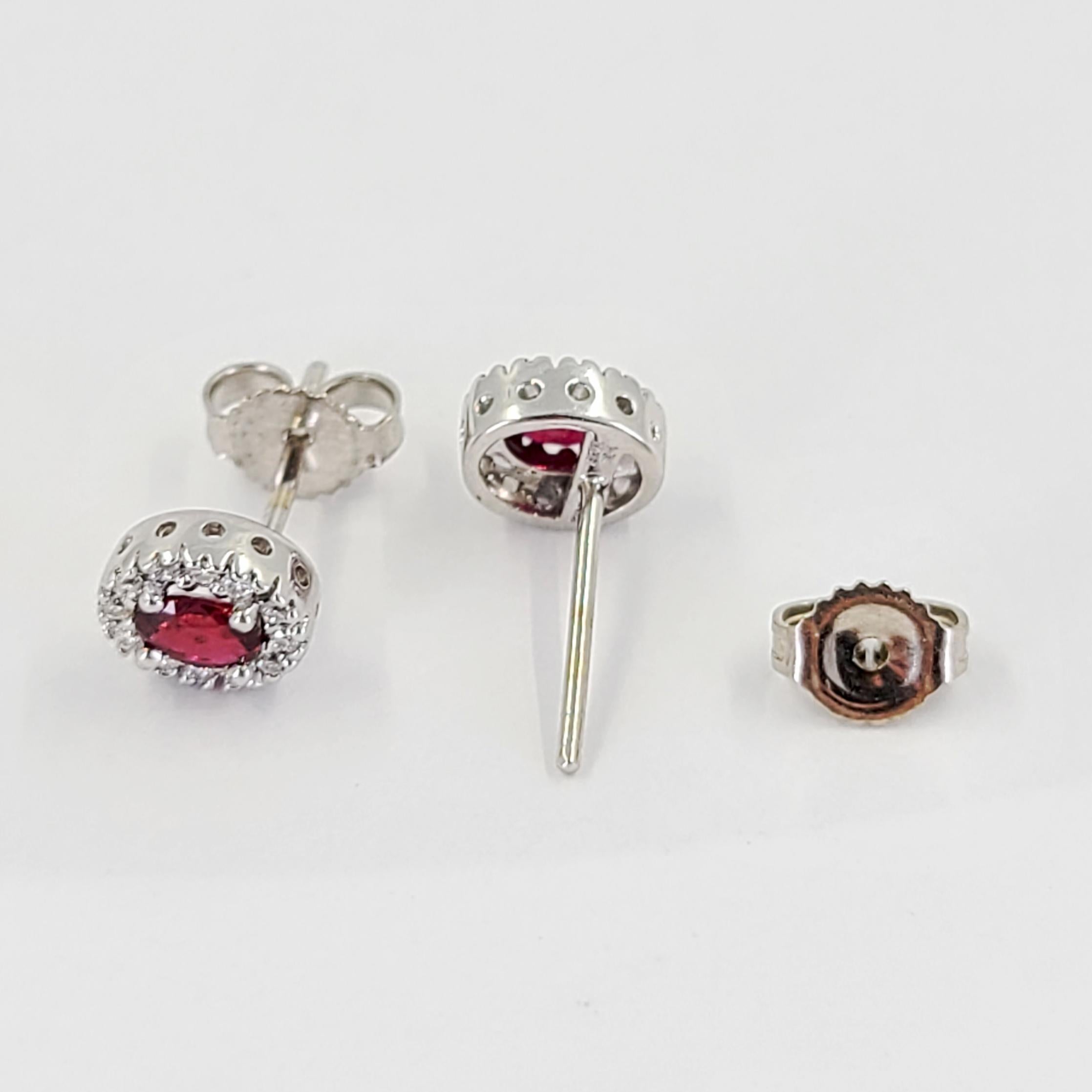 White Gold Oval Diamond Halo Ruby Stud Earrings In Good Condition For Sale In Coral Gables, FL