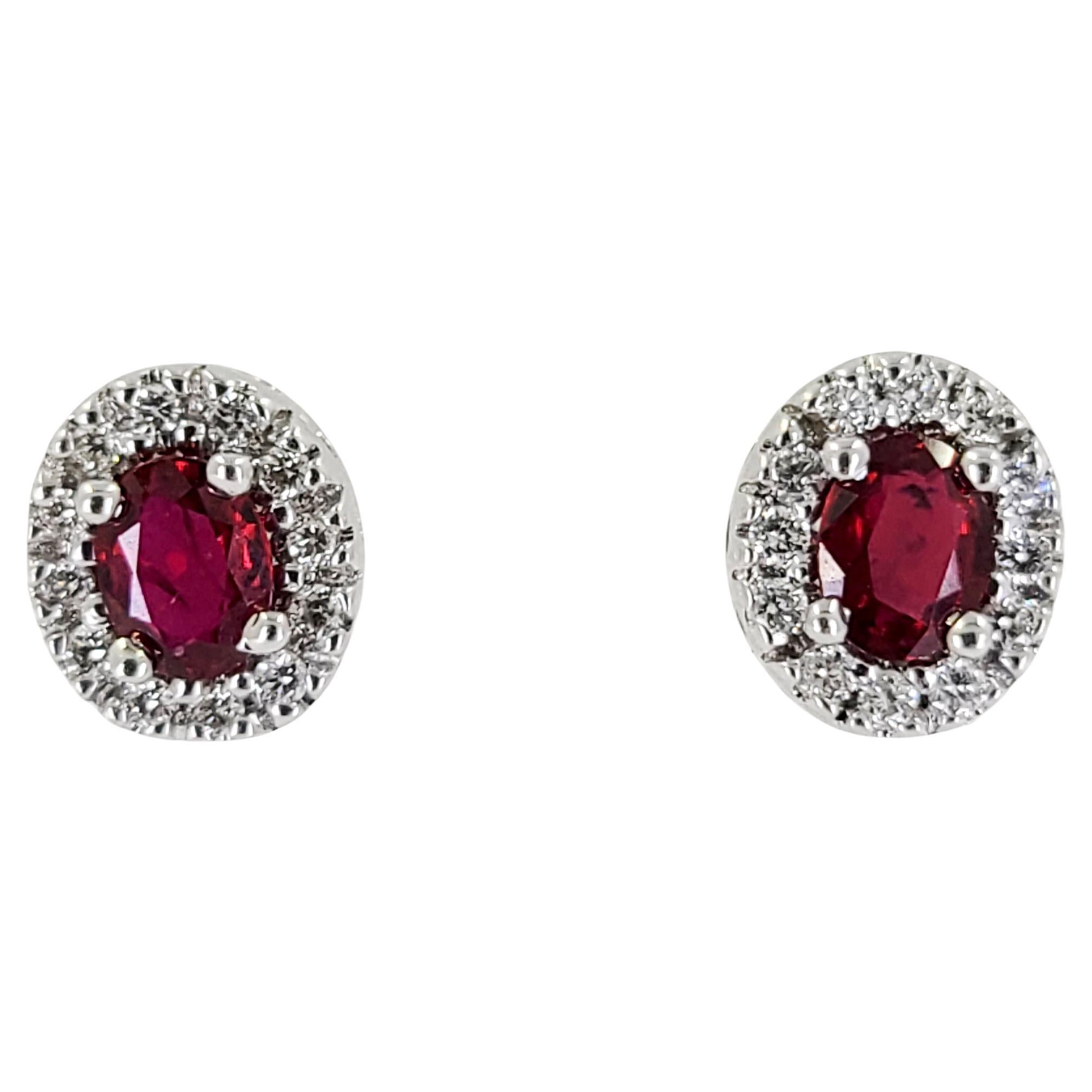 White Gold Oval Diamond Halo Ruby Stud Earrings For Sale