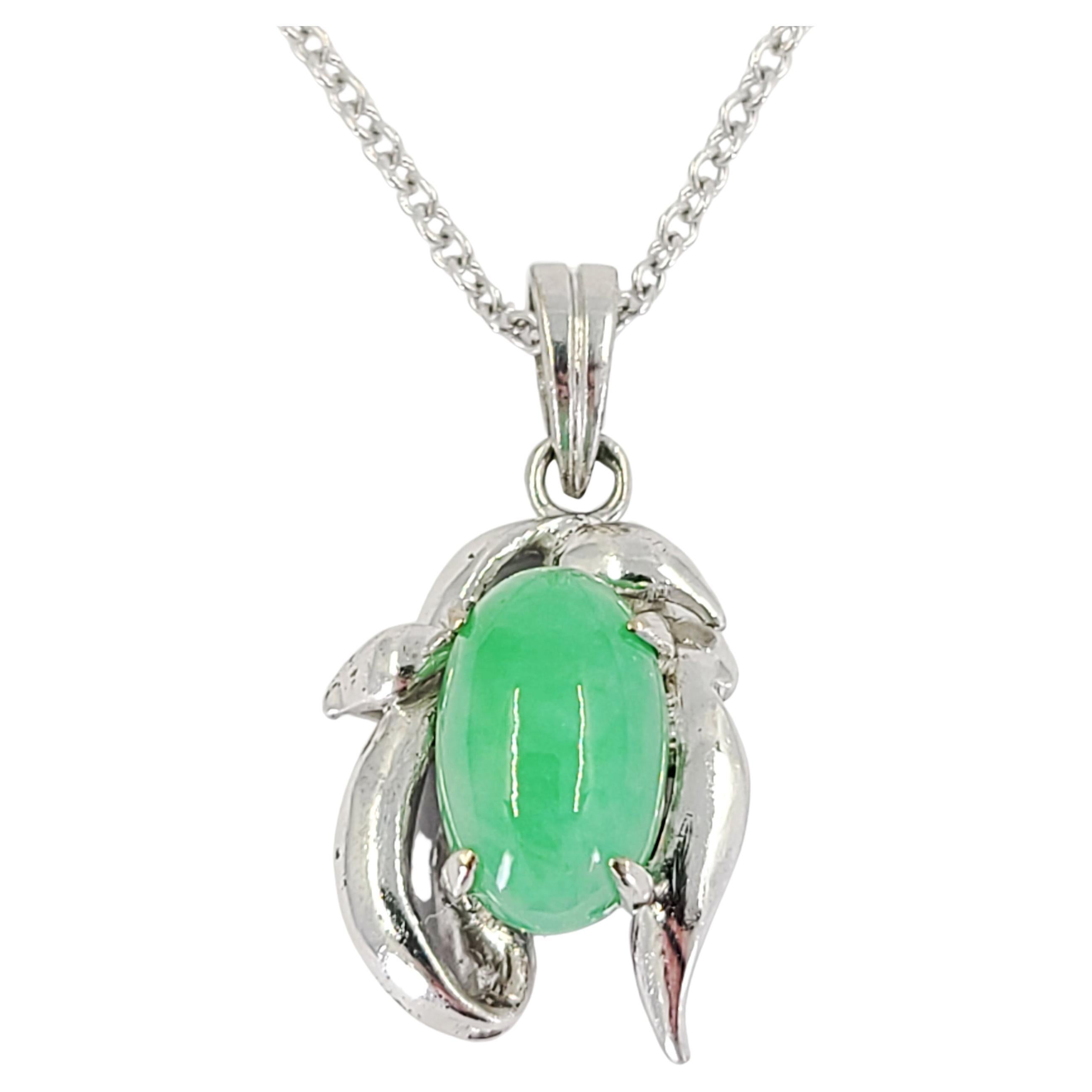 White Gold Oval Jade Cabochon Pendant Necklace For Sale