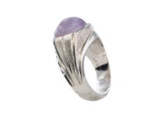White Gold Oval Pink Star Sapphire Textured Solitaire Ring