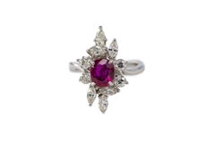 White Gold Oval Ruby and Asymmetrical Floral Diamond Cluster Ring