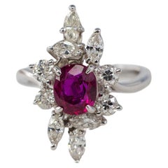 White Gold Oval Ruby and Asymmetrical Floral Diamond Cluster Ring