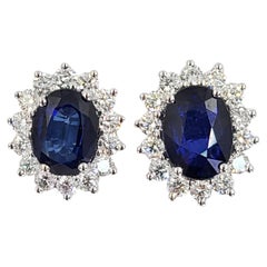 White Gold Oval Sapphire Stud Earrings with Diamond Halo