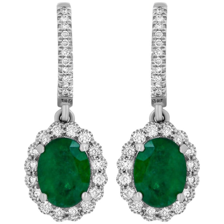 White Gold Oval Shaped Emerald and White Diamond Halo Drop Earring 18 ...