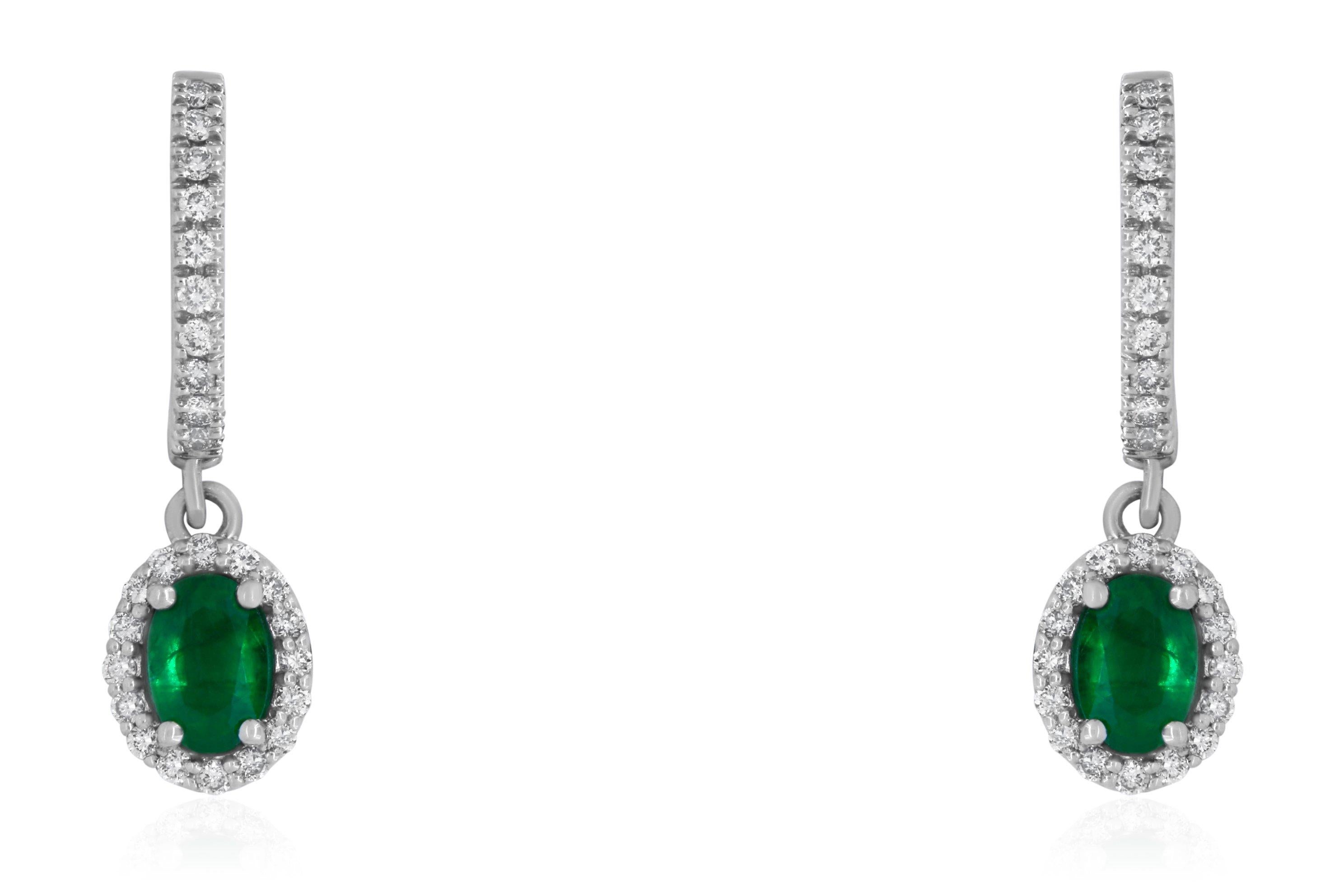 Contemporary White Gold Oval Shaped Emerald and White Diamond Halo Drop Earring