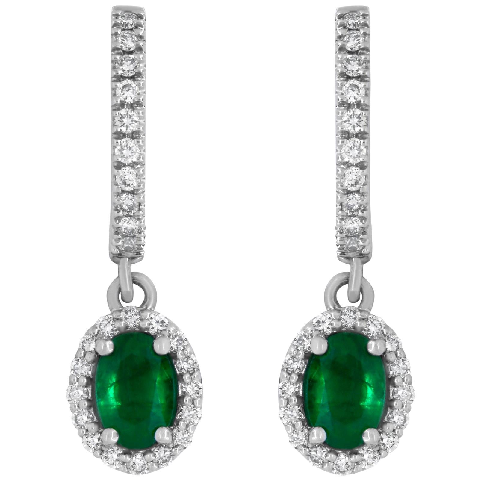 White Gold Oval Shaped Emerald and White Diamond Halo Drop Earring