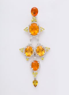 White Gold, Oval Yellow Opal Yellow Sapphire and Diamond Ear Pendant Earrings