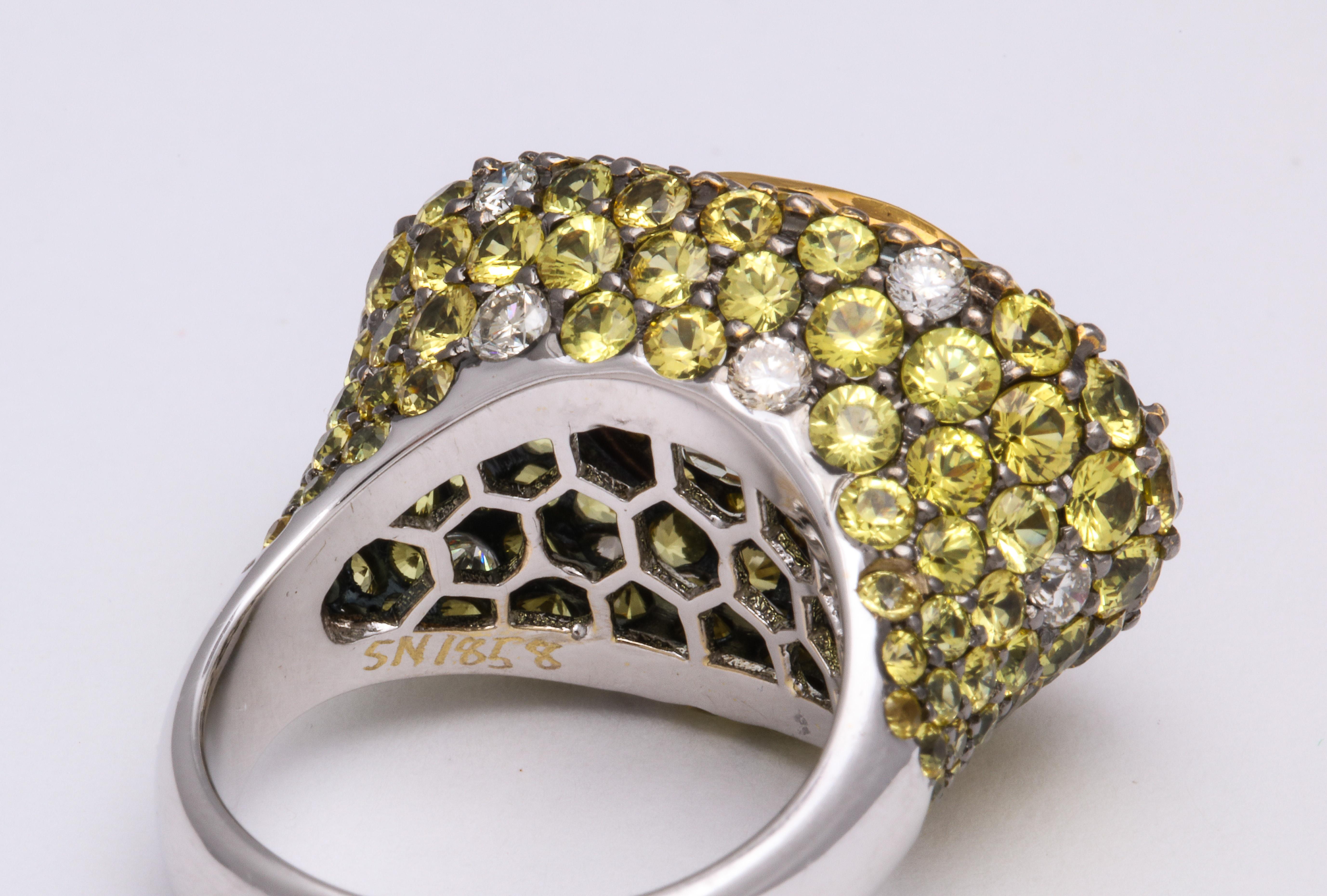 Oval Cut White Gold, Oval Yellow Sapphire, Pave-Set Sapphire and Diamond Cocktail Ring For Sale