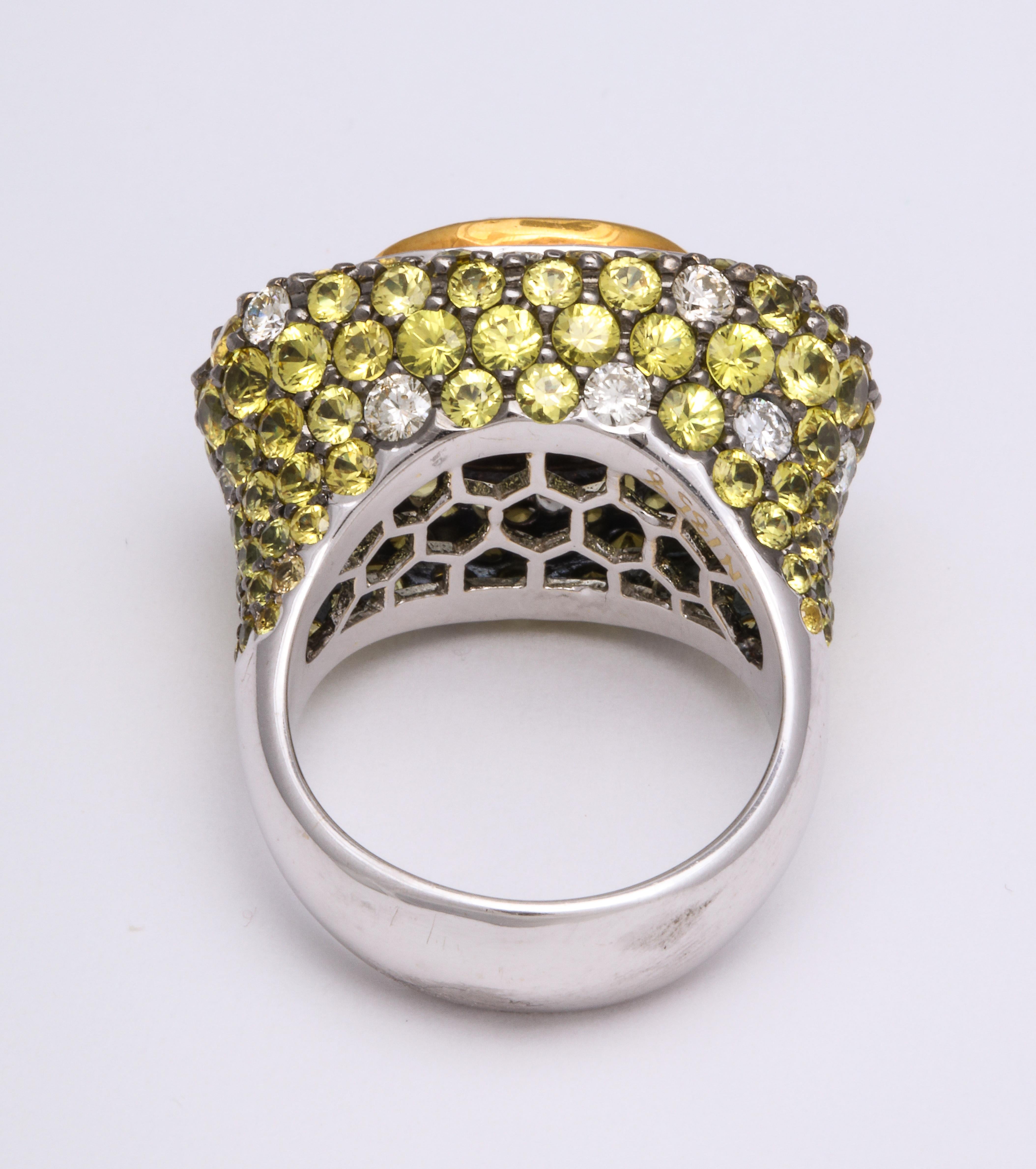 Women's or Men's White Gold, Oval Yellow Sapphire, Pave-Set Sapphire and Diamond Cocktail Ring For Sale