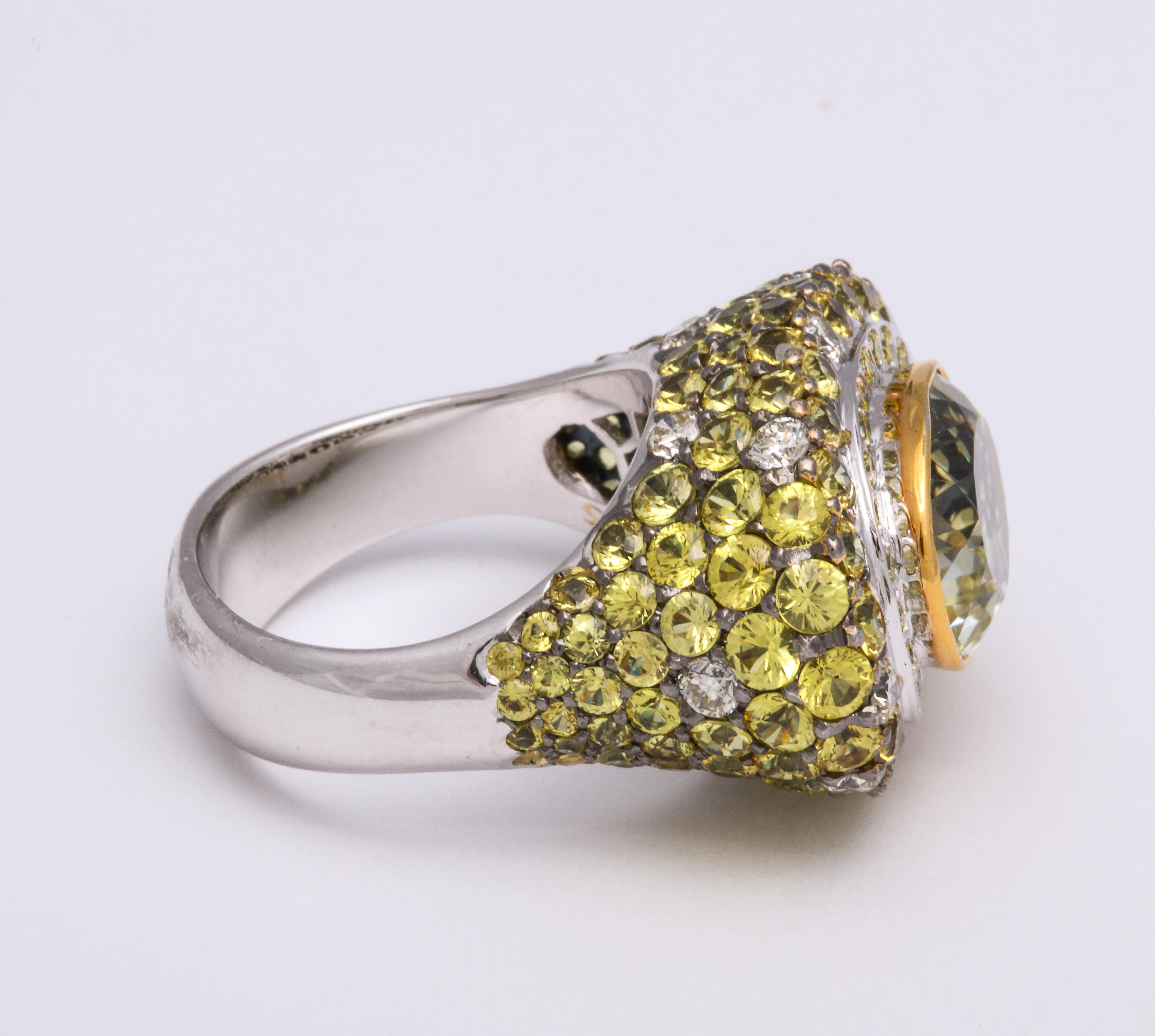 White Gold, Oval Yellow Sapphire, Pave-Set Sapphire and Diamond Cocktail Ring For Sale 1