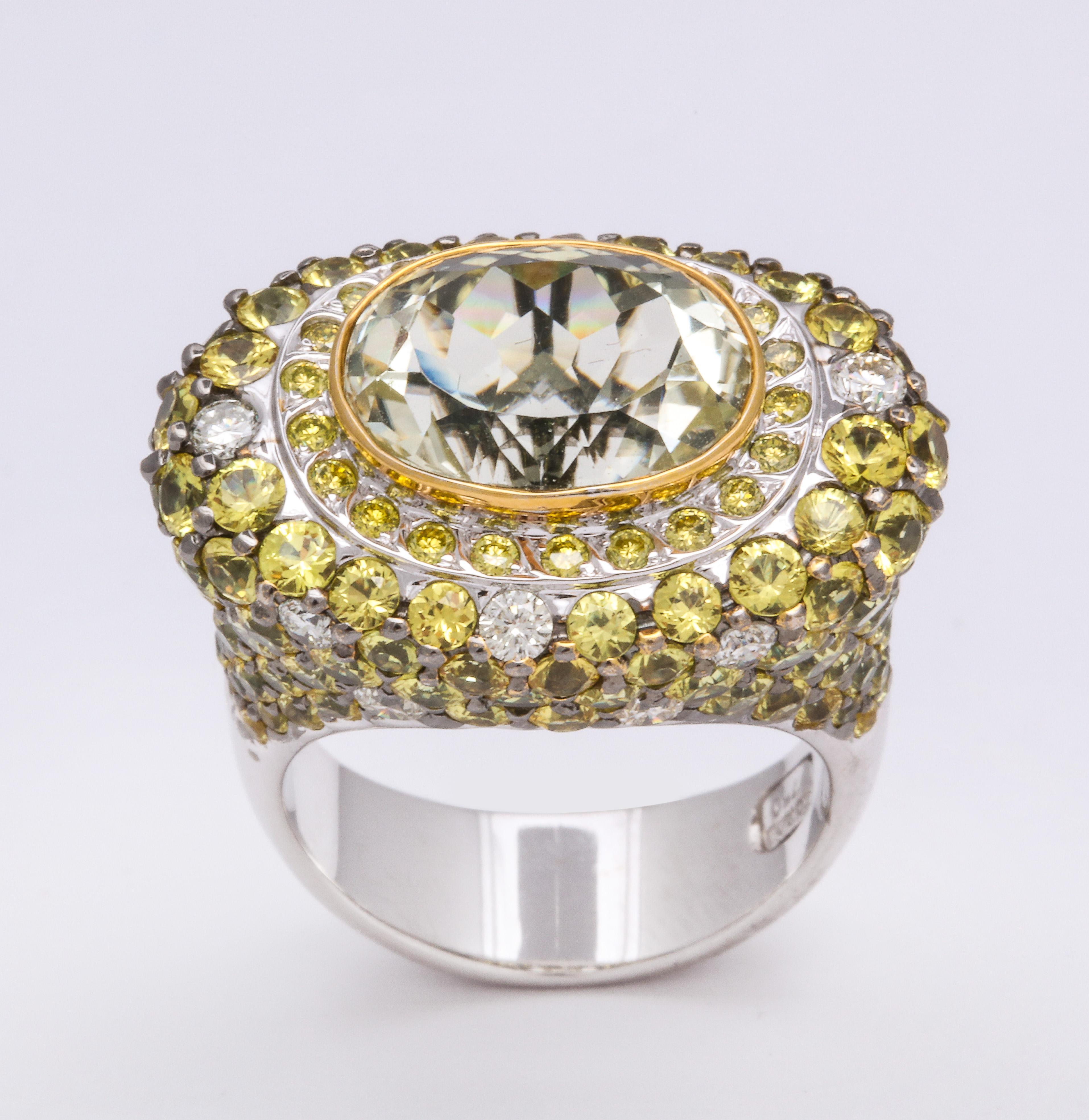 White Gold, Oval Yellow Sapphire, Pave-Set Sapphire and Diamond Cocktail Ring For Sale 2