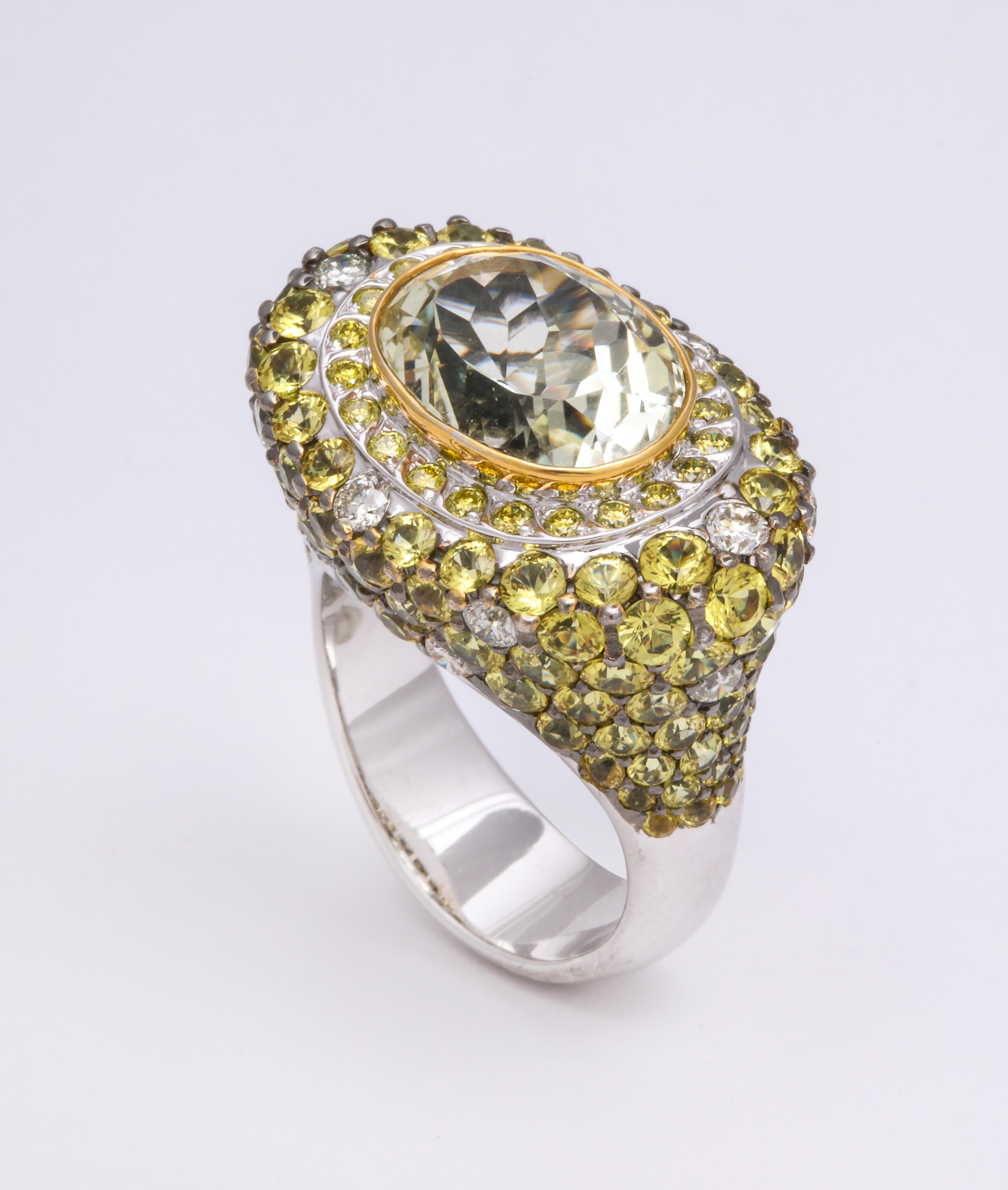 White Gold, Oval Yellow Sapphire, Pave-Set Sapphire and Diamond Cocktail Ring For Sale 3