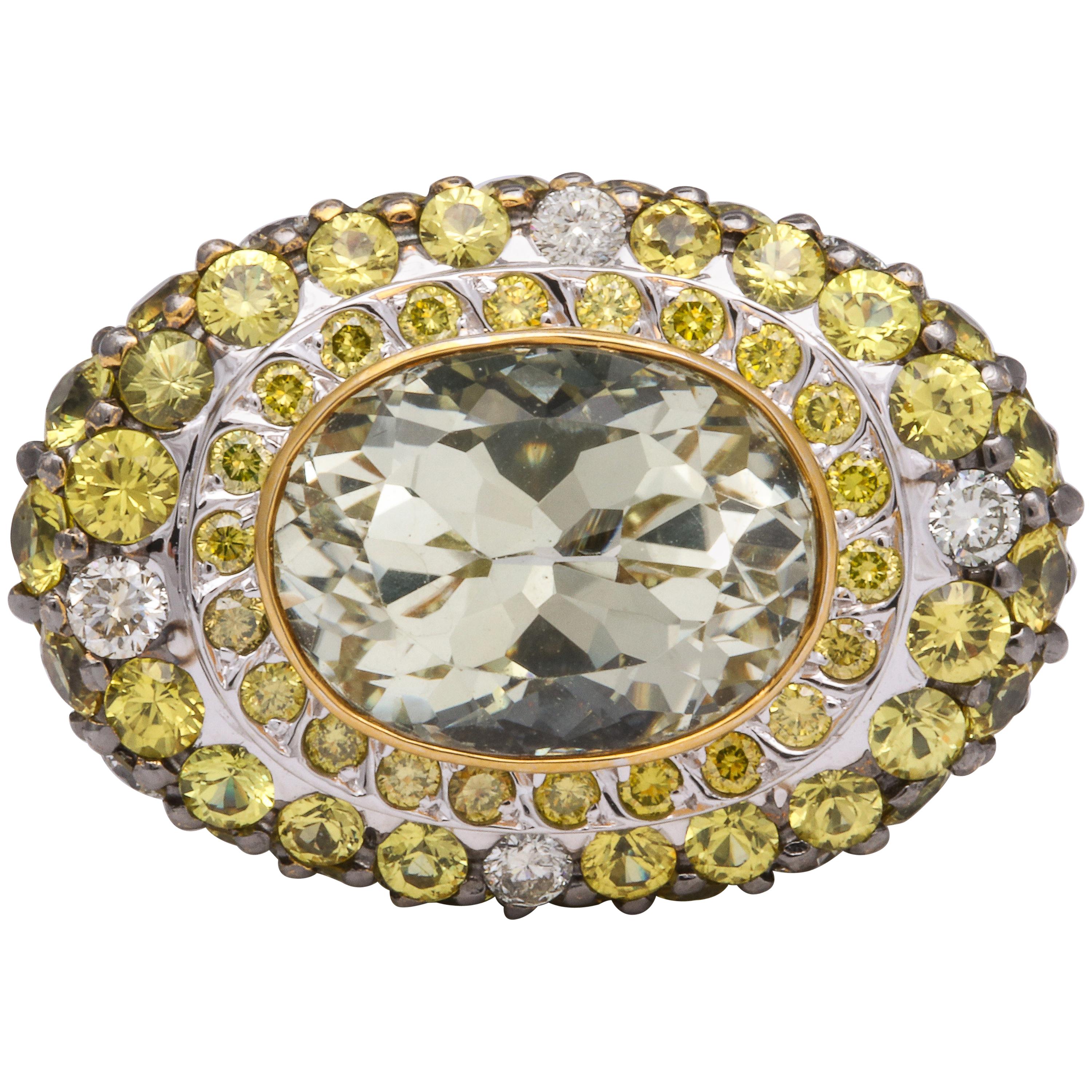 White Gold, Oval Yellow Sapphire, Pave-Set Sapphire and Diamond Cocktail Ring For Sale